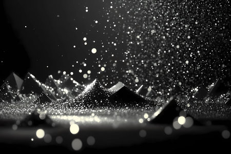 Black and white silver or metal particles background. Glitter shimmer light and shine light ray particles with bokeh effect. Abstract dust particle festive overlay burst design scene. Generative AIの素材