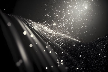 Black and white silver or metal particles background. Glitter shimmer light and shine light ray particles with bokeh effect. Abstract dust particle festive overlay burst design scene. Generative AIの素材