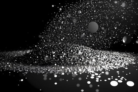 Black and white silver or metal particles background. Glitter shimmer light and shine light ray particles with bokeh effect. Abstract dust particle festive overlay burst design scene. Generative AIの素材