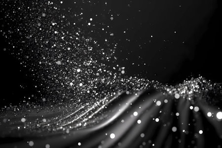 Black and white silver or metal particles background. Glitter shimmer light and shine light ray particles with bokeh effect. Abstract dust particle festive overlay burst design scene. Generative AIの素材