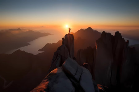 Man standing on top of a cliff at sunset with sunlight watching the beautiful mountain. Achievement success concept.の素材