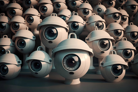 Many CCTV security surveillance cameras. Dystopian big brother spy and monitoring control concept. stress and excessの素材