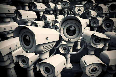 Many CCTV security surveillance cameras. Dystopian big brother spy and monitoring control concept. stress and excessの素材