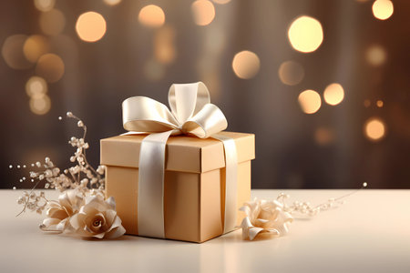 Golden gift box with bow, wrapped in ribbons of love, perfect for christmas or luxury festive background. Generative AIの素材