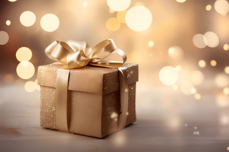 Golden gift box with bow, wrapped in ribbons of love, perfect for christmas or luxury festive background. Generative AIの素材
