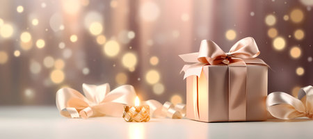 Golden gift box with bow, wrapped in ribbons of love, perfect for christmas or luxury festive background. Generative AIの素材