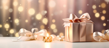 Golden gift box with bow, wrapped in ribbons of love, perfect for christmas or luxury festive background. Generative AIの素材