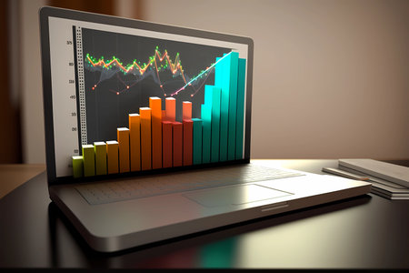 Charts bursting out of a laptop screen. Representing success and growth for business or financial. Networking on the internet for stock market, forex or performance progress achievement. Generated AIの素材