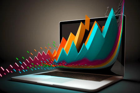 Charts bursting out of a laptop screen. Representing success and growth for business or financial. Networking on the internet for stock market, forex or performance progress achievement. Generated AIの素材