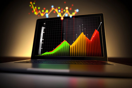 Charts bursting out of a laptop screen. Representing success and growth for business or financial. Networking on the internet for stock market, forex or performance progress achievement. Generated AIの素材
