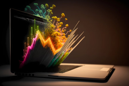 Charts bursting out of a laptop screen. Representing success and growth for business or financial. Networking on the internet for stock market, forex or performance progress achievement. Generated AIの素材