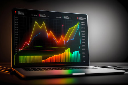 Charts bursting out of a laptop screen. Representing success and growth for business or financial. Networking on the internet for stock market, forex or performance progress achievement. Generated AIの素材