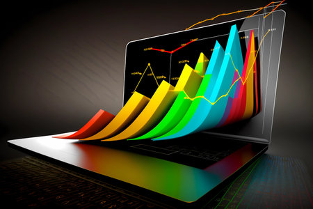 Charts bursting out of a laptop screen. Representing success and growth for business or financial. Networking on the internet for stock market, forex or performance progress achievement. Generated AIの素材