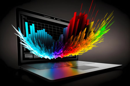 Charts bursting out of a laptop screen. Representing success and growth for business or financial. Networking on the internet for stock market, forex or performance progress achievement. Generated AIの素材