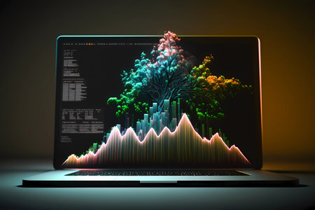 Charts bursting out of a laptop screen. Representing success and growth for business or financial. Networking on the internet for stock market, forex or performance progress achievement. Generated AIの素材