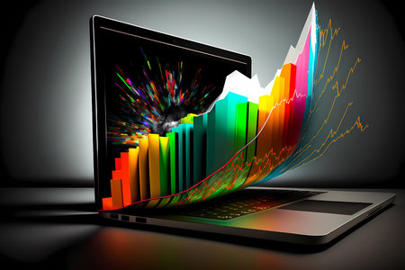 Charts bursting out of a laptop screen. Representing success and growth for business or financial. Generated AIの素材