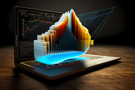 Charts bursting out of a laptop screen. Representing success and growth for business or financial. Generated AIの素材