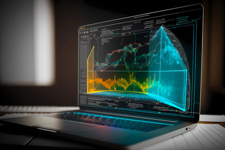 Charts bursting out of a laptop screen. Representing success and growth for business or financial. Generated AIの素材