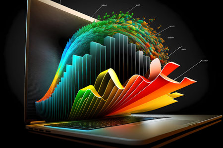 Charts bursting out of a laptop screen. Representing success and growth for business or financial. Generated AIの素材