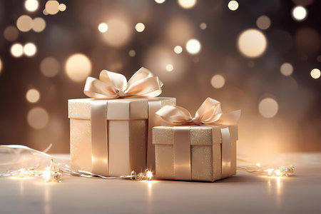 Double golden gift boxes set with a bow, wrapped in ribbons of love. Shining gold two boxes of surprises in warm glow cozy home, perfect christmas or luxury festive moments background. Generative AIの素材