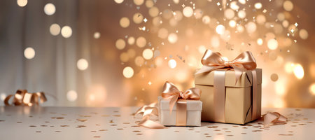 Double golden gift boxes set with a bow, wrapped in ribbons of love. Shining gold two boxes of surprises in warm glow cozy home, perfect christmas or luxury festive moments background. Generative AIの素材