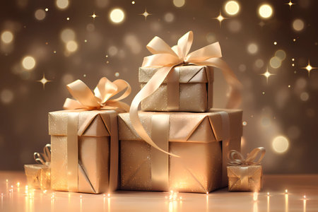Double golden gift boxes set with a bow, wrapped in ribbons of love. Shining gold two boxes of surprises in warm glow cozy home, perfect christmas or luxury festive moments background. Generative AIの素材