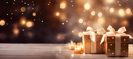 Double golden gift boxes set with a bow, wrapped in ribbons of love. Shining gold two boxes of surprises in warm glow cozy home, perfect christmas or luxury festive moments background. Generative AIの素材