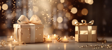 Double golden gift boxes set with a bow, wrapped in ribbons of love. Shining gold two boxes of surprises in warm glow cozy home, perfect christmas or luxury festive moments background. Generative AIの素材
