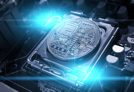 bitcoin composition. Silver bitcoin among the electronic computer components, business concept of bitcoin digital cryptocurrency. Blockchain technology composition with bitcoin mining conceptの写真素材