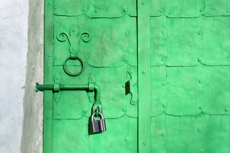 Steel bright green door with rivets, plates and worn metal door handle in the form of stylized lily. Architectural metal background with decorative elements.の写真素材