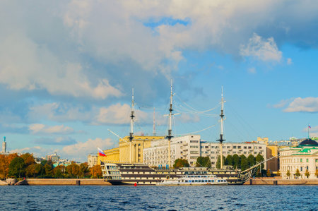 ST PETERSBURG,RUSSIA- OCTOBER 3, 2016. Petrovsky embankment, Neva river and frigate Grace in St Petersburg, Russia.Frigate is a historical reconstruction of the three-Decker ships of the XVIII centuryのeditorial素材