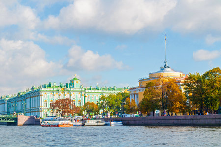 St Petersburg, Russia - October 3, 2016. Admiralty arch and Winter Palace or State Hermitage Museum on the embankment of Neva river in St Petersburg,Russia. Sunny autumn urban viewのeditorial素材
