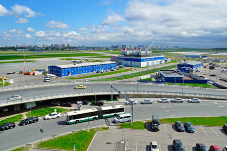 ST PETERSBURG, RUSSIA - MAY 11, 2016. Birds eye view of airport auto crowded parking lot in Pulkovo International airport in Saint-Petersburg, Russiaのeditorial素材