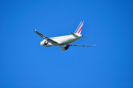 ST PETERSBURG, RUSSIA - MAY 11, 2016. F-GRHK Air France Airbus A319 airplane is flying in the sky...