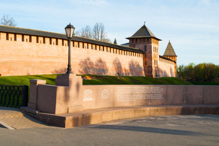 Veliky Novgorod, Russia -May 7, 2018. The towers of Veliky Novgorod Kremlin, architecture ensembleのeditorial素材
