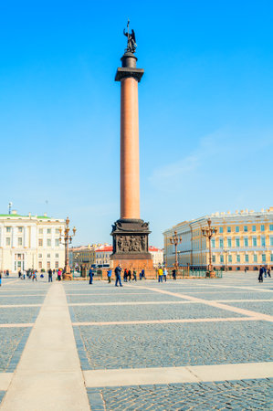 St Petersburg, Russia - April 5, 2019. Alexander Column on the Palace Square in St Petersburg Russia. The monument was raised after the Russian victory in the war against Napoleon's Franceのeditorial素材