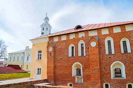 Veliky Novgorod, Russia - April 29, 2018. St Sophia cathedral belfry and Archbishop's palace...