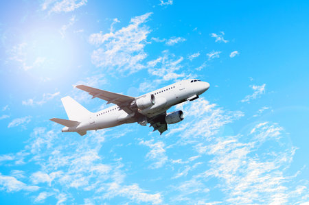 Airplane flying in the sky, travel background with commercial flying airplane with blank livery
