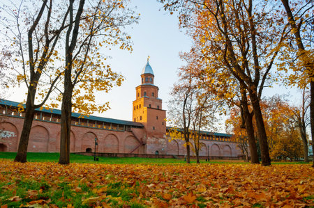Veliky Novgorod, Russia. Kokui tower of Veliky Novgorod Kremlin at autumn sunset. Selective focus at the Kremlin towerの写真素材