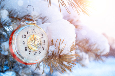 Christmas background, Christmas toy in the form of clock showing the New Year Eve, on snowy fir tree...