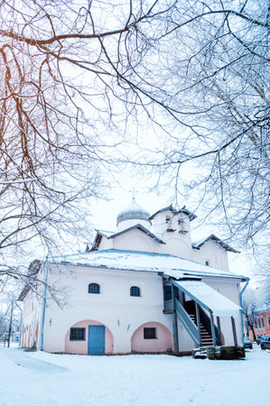 Veliky Novgorod, Russia. Church of Wives the Myrrh bearers at Yaroslav Courtyard in Veliky Novgorod, Russia. Winter architecture landscape of Veliky Novgorod landmarkの写真素材