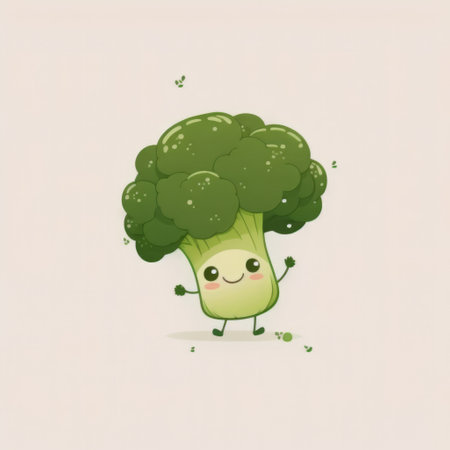 Happy smiling kawaii green broccoli cartoon character, funny cute vegetable sticker color personage icon isolated on white background, healthy organic diet vegan food concept. AI generative.の素材