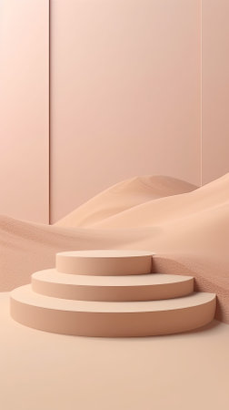 Sand beige round pastel podium vertical background, abstract mock up display, blank beauty stand cosmetic product advertising minimal pedestal stage mockup showcase scene platform ai generative.の素材
