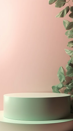 Empty podium, natural mock up display, blank eco plants stand cosmetic product fashion ads on minimal branches leaves green background. Luxury pedestal nature mockup scene platform ai generative.の素材