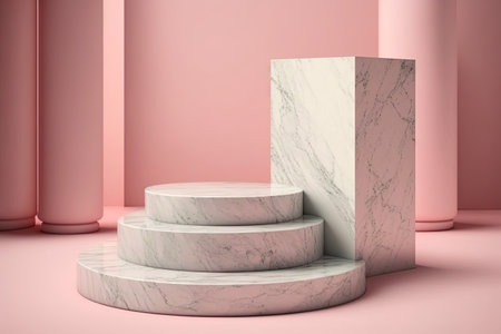 Empty podium mock up marble display, blank cosmetic ads stand product placement fashion ads on minimal pink color background, pedestal mockup scene platform ai generative promotion concept.の素材