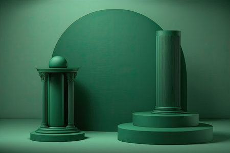 Empty podium, mock up placement display, blank beauty stand for cosmetic product fashion ads on minimal green background. Luxury pedestal stage mockup scene platform ai generative concept.の素材
