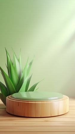 Empty podium, natural mock up display, blank eco plants stand cosmetic product fashion ads on minimal branches leaves green background. Luxury pedestal nature mockup scene platform ai generative.の素材