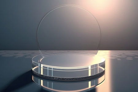 Empty glass round podium clean background, transparent mock up display, beauty stand cosmetic product advertising, minimal pedestal stage mockup showcase scene platform, ai generative illustration.の素材