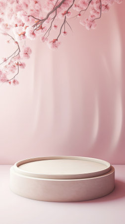 Empty podium, natural mock up display, cosmetic product fashion ads stand on minimal sakura blossom flowers background. Spring vertical pedestal nature mockup scene platform ai generative.の素材