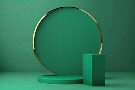 Empty podium, mock up placement display, blank beauty stand for cosmetic product fashion ads on minimal green background. Luxury pedestal stage mockup scene platform ai generative concept.の素材